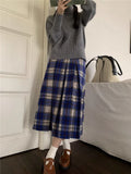 KYLETHOMASW  -  Japan Preppy Plaid Skirts for Woman Autumn Winter Vintage Woolen Plaid Pleated Long Skirt A-line Woolen Umbrella Skirt