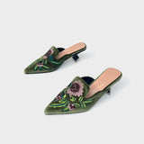 KYLETHOMASW  -  Embroidery Velour Shoes Woman Strange Heel Slippers Design Mules Femme Pointed Toe Wedges Tacones Slides Slip On Pantuflas Mujer