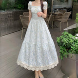 KYLETHOMASW  -  French Style Floral Women Dresses Puff Sleeve Vintage Summer Vestidos Mujer Fashion Elegant Square Neck Long Dress