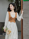 KYLETHOMASW  -  Palace Style Retro Set Women Brown Embroidered Vest+Irregular Drawstring Fashion Square Neck Elegant Dress High Quality Set Fall