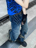 KYLETHOMASW  -  American High Street Washed Patchwork Jeans Vintage New Hole Denim Pants Fashion High Waist Loose Wide Leg Pants
