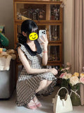 KYLETHOMASW  -  Coquette Vintage Plaid A Line Mini Dress Women Flutter Sleeve Doll Collar Lace Trim Button Front Teddy Bear Daily Party Dresses