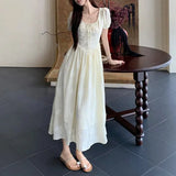 KYLETHOMASW  -  Women Summer Vintage Sweet Chic High Waist Elegant Party Dresses Fairy Solid Short Sleeve Slim Lace-up Beach Maxi Dress Vestidos