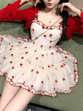 KYLETHOMASW  -  French Sweet Camisole Dress Set Floral Waist Slimming A-line Puffy Short Dress Red Cardigan Summer Two Piece Sets Women Outfits