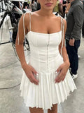 KYLETHOMASW  -  Elegant Spaghetti Strap Slim Mini Dress Summer Fairy Corset Pleated Chic Short Dresses Lace Up Y2K Party Evening Holiday Vestido