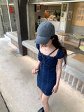 KYLETHOMASW  -  French Retro Denim Dress Women's Summer Off Shoulder Flying Sleeves Square Collar Slim Dress Fashion Female Clothes