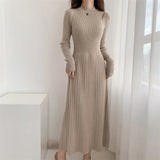 Kylethomasw Autumn/Winter British Style Celebrity Knitted Dress Solid Half High Neck Slim Fit Inner Matching Coat Pleated Long Dress