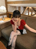 KYLETHOMASW  -  French Fashionable and Vintage T-shirt Summer New Fashion Contrast Bow Bubble Sleeves Knitted Shirt Female Clothing