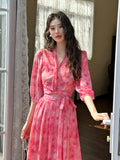KYLETHOMASW  -  Women Clothes Chiffon Floral Print Outfits Elegant V-Neck Cropped Tops Shirt Blouse And A-Line Long Skirt Mujer 2 Pieces Set New