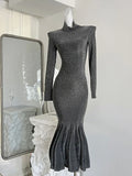 Kylethomasw French Elegance Silver Mermaid Dress Sparkly Turtleneck Luxury One-Piece Frocks Party Prom 2000s Aesthetic Sweet Formal Occasion