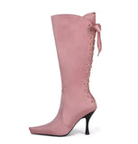 KYLETHOMASW  -  Glam-Chic Design Blush Satin Pointed-Toe Knee-High Boots Lace-Up Bow Detail Elegant Stiletto Heel Romantic Soft Style Lady Boots