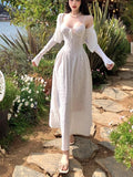 KYLETHOMASW  -  Boho Chic Women Two-piece Dress Set White Lace Corset Maxi Dress with Long Sleeve Cover Up Elegant Vintage Fairycore Look