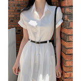 Kylethomasw Elegant White Midi Dress Women with Belt Fashion Short Sleeve Shirts Dresses Summer Korean Aesthetic Single Breasted Vestidos