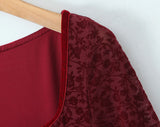 KYLETHOMASW  -  Sexy Wine red Flocking Flower Mesh Flare Sleeve Dress Woman Bow Square neck Package Hips A-line Mini Party Robe Bodycon
