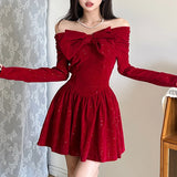 KYLETHOMASW  -   Luxury A-line Pleated Dress For Party Holiday Red Christmas New Year Ball Gown Mini Dresses Bow Slash Neck Cute Robe