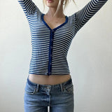 KYLETHOMASW  -  European and American women's basic contrasting striped V-neck slimming button up cardigan simple and versatile commuting  top