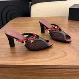 KYLETHOMASW  -  Women Mesh Mule Heels Red Coral Beads Seashell Decor High Heel Summer Beach Vacation Fashion Sandals Open Back Slip On Party