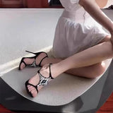 KYLETHOMASW  -  Summer new round toe open-toe metal rhinestone T-band sandals stiletto high-heeled banquet dress versatile crystal women's shoes