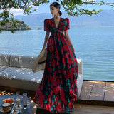 Kylethomasw French Lace Chic Retro Long Dresses For Women Floral Print Puff Sleeve V-neck High Waist Dress Loose Oversize Beach Vestidos