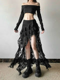 KYLETHOMASW  -  Women Skirt Chic High Waist Lace Layered Ruffle Asymmetric Slant Hem Skirt Daily Outdoor Stroll Fashion Summer New