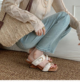 KYLETHOMASW  -  Vintage Braided Belt Buckle Open Toe Wedges Women's Summer New Square-toed High-heeled Slippers