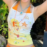 KYLETHOMASW  -  New Japanese Summer Orange Soda Print Strap Neck Sling Vest Vacation Style Splicing Fake Two-piece Top For Women