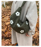 KYLETHOMASW  -  Korean Fluffy Sweet Floral Underarm Bag Y2k Lamb Wool Shopping Handbags Women New All Match Streetwear Travel Shoulder Bags