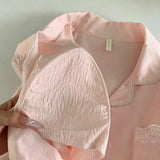 KYLETHOMASW  -  Sweet Women Autumn 2Pcs Sleepwear Built‑in Chest Pad Embroidery Lace Trim Soft Long Sleeve Long Pants Ladies Home Loungewear