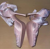 KYLETHOMASW  -  Romantic Ballerina Style Design Blush Satin Stiletto Heel Ballet Heels Long Ribbon Tie Wrapped Strap Design Elegant High Heels