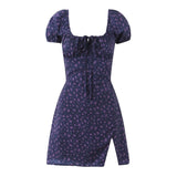 KYLETHOMASW  -  French Retro Black Print Bow Square Collar Short Elastic Puff Dress Women Zipper Back Slim Waist Slit Hem Mini Dresses Robe Blue