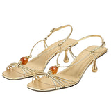 KYLETHOMASW  -  Women's  Slingback Sandals Amber Bead Decor Open‑Toe Kitten Heels Thin Knotted Strap Mid‑Heel Backless Pumps Elegant