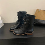 KYLETHOMASW  -  Fashion Design Narrow Band Lace-up Women Knee-High Boots Vintage Spring Autumn Round Toe Square Low Heels Shoes