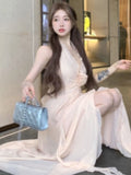 KYLETHOMASW  -  Neack-mounted Backless Long Dresses Beach Gentle Fairycore Flower Design Sense  A-line V-neck Off Shoulder Backless Dress
