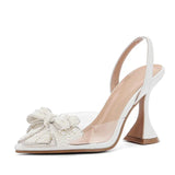 Kylethomasw Luxury Designer White Pearl Bowknot Women Pumps Sexy Pointed Toe High Heels Wedding Prom Shoe PVC Transparent Heeled Sandals