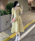 KYLETHOMASW  -  Women Summer Fashion Floral Print Ruffle Bandage Sweet Chic Midi Dress Casual Square Collar Short Sleeve Slim Slit Beach Dresses
