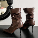 KYLETHOMASW  -  Fashion Pleated Sewing Design Ankle Boots Women Elegant Pointed Toe Thin Heel Modern Boots Comfort Soft Leather Zapatos De Mujer