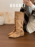 KYLETHOMASW  -  Knee High Women Boots Designer Pointed Toe Flats Shoes Winter 2025 New Suede Casual Shoes Chelsea Boots Walking Mujer Botas