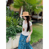 KYLETHOMASW  -  Blue Floral Oil Painting Lace-up Skirt Women's Summer New Thin Slim V-neck Short-sleeved T-shirt Two-piece Set