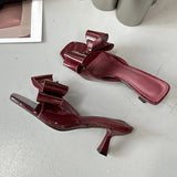 KYLETHOMASW  -  Fashion Patent Leather Butterfly Knot Women Slippers Square Toe Summer Sandals Low Thin Heels Mules Slides Shoes Size 39