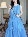 KYLETHOMASW  -  Blue Sleeveless Strap Dress Children Wear 2025 New Summer French Style Seaside Vacation Vest Long Dress Loose Elegant