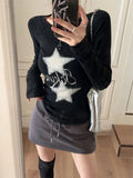 Kylethomasw Y2k Star Print T-shirts for Women Black Long Sleeve Slim Tee Shirt Gothic Style Spring Slim Kpop Dark Aesthetics Clothes