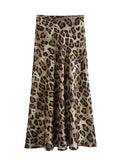 Kylethomasw  Summer Female Satin Leopard Print Midi Skirt Vintage High Waist  A-line Long Skirts Female Elegant Slim Skirt Streetwear