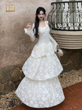 KYLETHOMASW  -  Elegant Fairy Womens Dresses Knitted Patchwork Flare Sleeves Princess Cake Long Dress Autumn Party Prom A-Line Vestidos Robe New