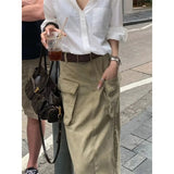 KYLETHOMASW  -  Women Khaki Denim Half Body Skirt Tassels Bottoms High Waist Casual Korean Mid Length Skirt Baggy Vintage Female Long Skirt