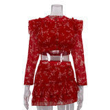 KYLETHOMASW  -  Women's New Round Neck Long-sleeved Open Button Top Skirt Printing Two-piece Sexy Suit