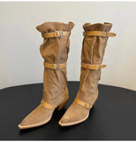 KYLETHOMASW  -  Vintage Pleated Belt Buckle Faux Suede Women Knee High Boots Autumn Winter Fashion High heels Western Cowboy Knight Boots Shoes