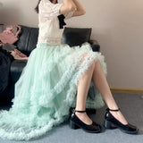 KYLETHOMASW  -  Spring Summer Asymmetric Mesh Skirt Kawai Sweet Tulle Gown Ball Women Elastic Waist Ruffles Long Skirts Mujer Faldas Jupe 760A