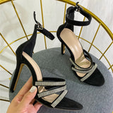 KYLETHOMASW  -  New Fashionable Round Head One Word Water Diamond Strap With Simple Style Large Size Thin Heel, Women's High Heel Sandals