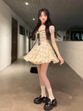 KYLETHOMASW  -    Sweet Square Collar Puff Sleeve Dress Female Slightly Oversized Girl Pure Desire Sexy Backless Waist Trimming Puff Short Dresses