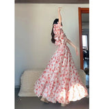 KYLETHOMASW  -  Summer Niche French Pink Floral Off-shoulder Dress Atmosphere Sense Vacation Style Tea Break Long Skirt Princess Dress